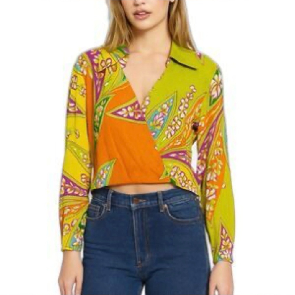 HAUTE HIPPIE Multicolored Boho Faux Wrap Long Sleeve Top